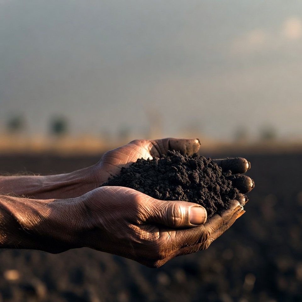 Farmer cupping living soil in their hands, Maharashtra field in background